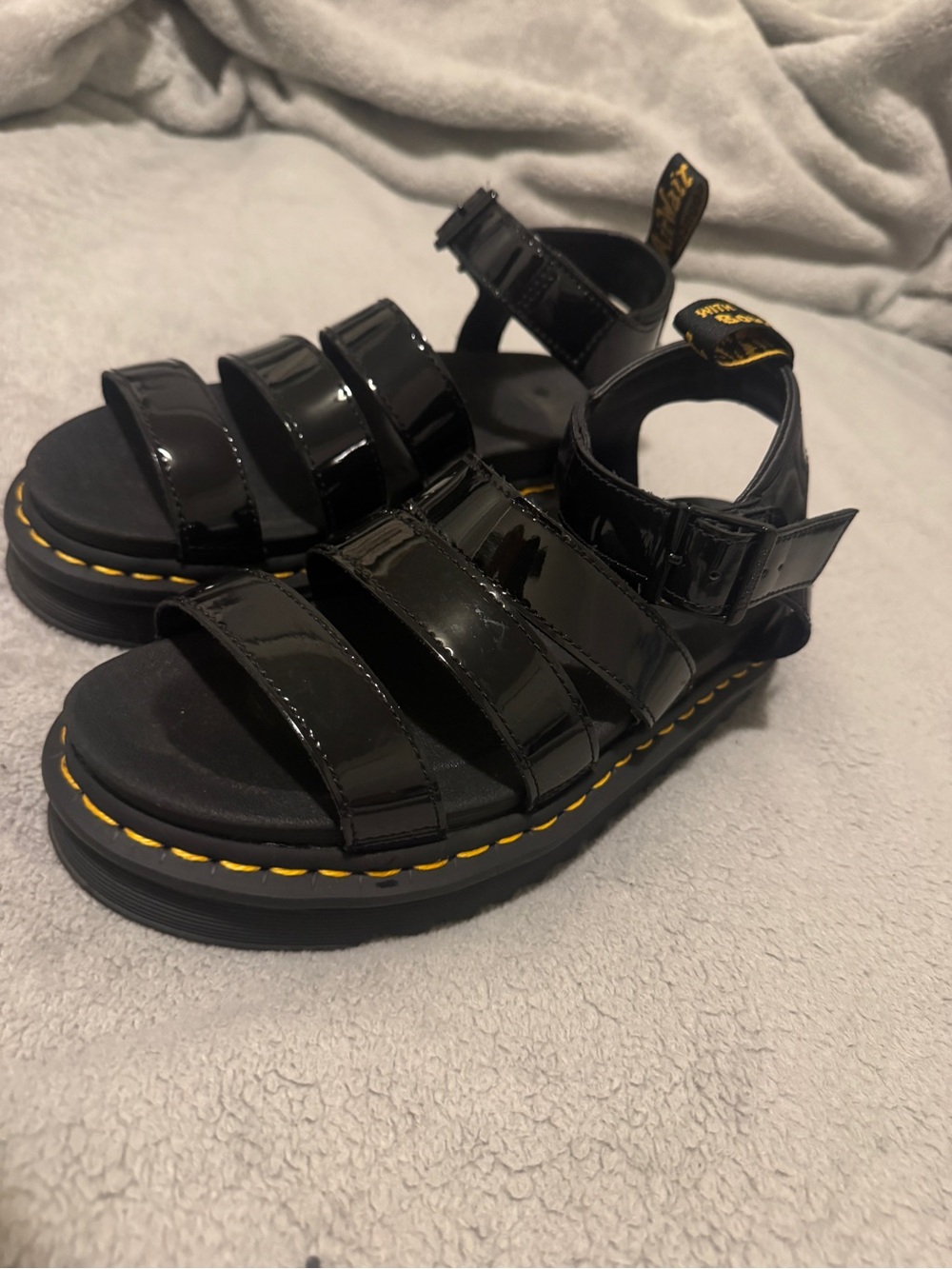 Woman’s Black Shiney Platformed Leather Strap Sandals